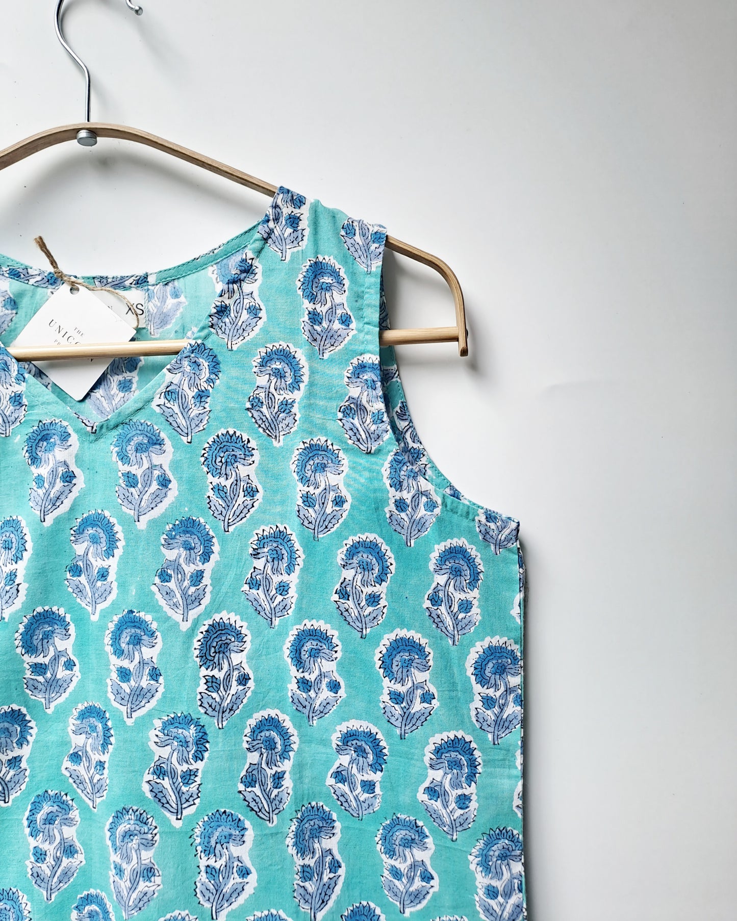 Turquoise Blue Block Print Sleeveless Cotton Top