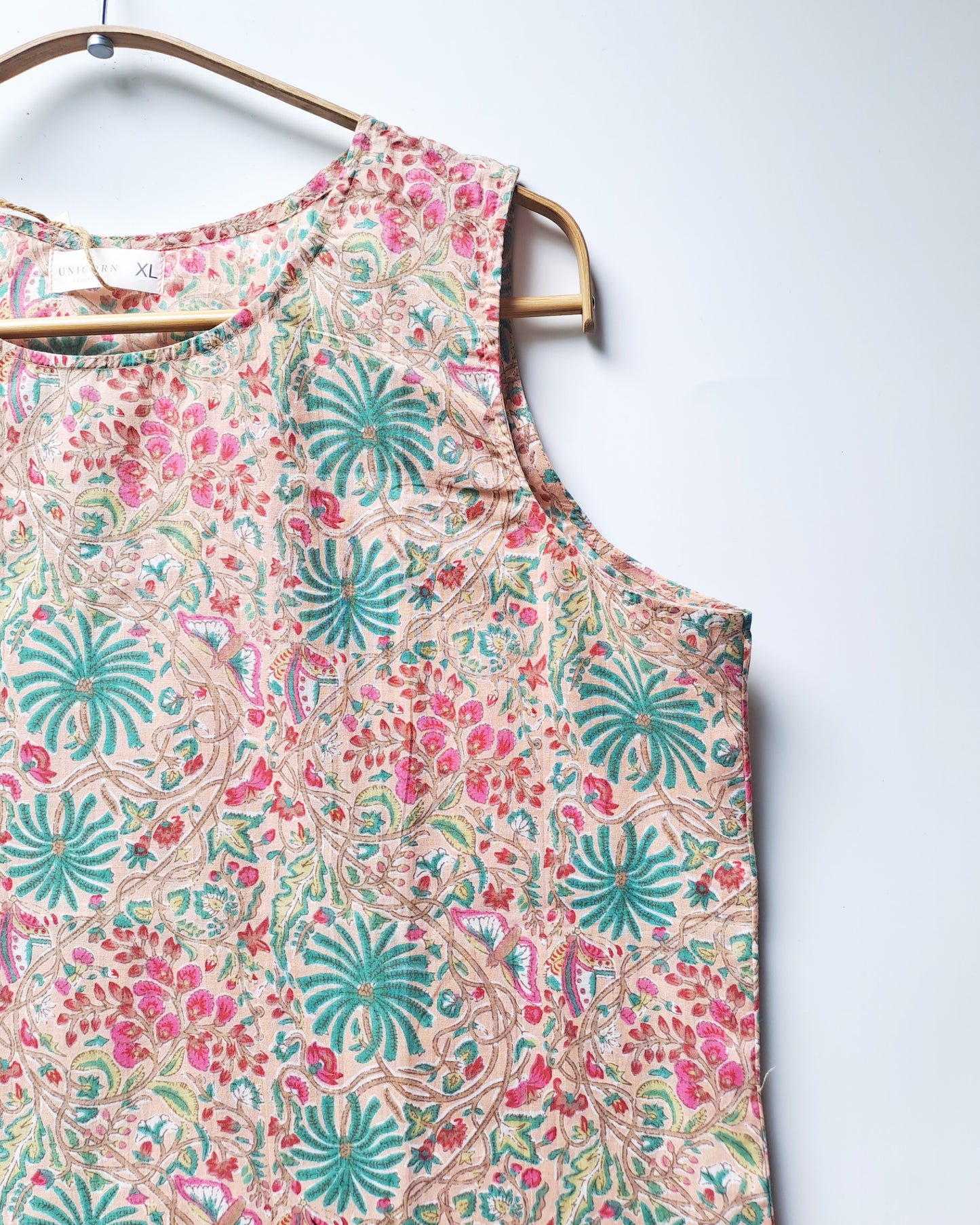 Peach Pink Green Floral Sleeveless Cotton Top
