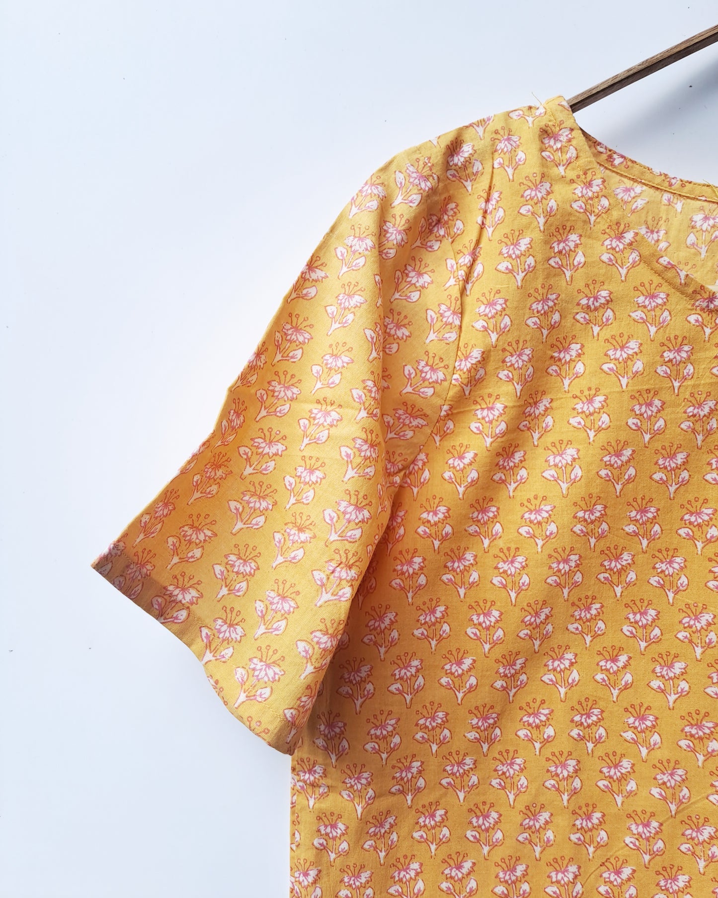 Yellow Floral Print Short Sleeve Cotton Top
