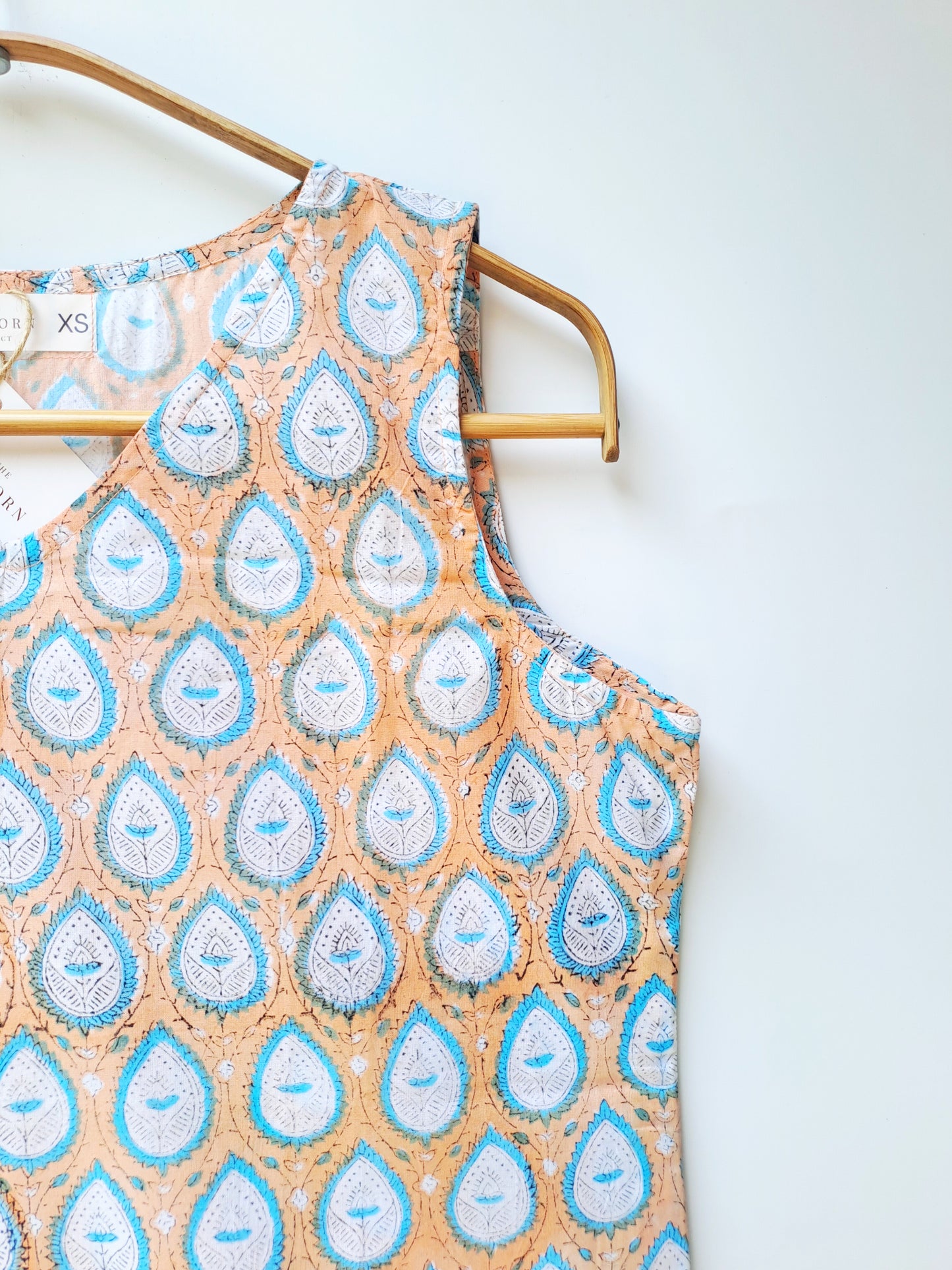 Peach Blue Print Sleeveless Cotton Top