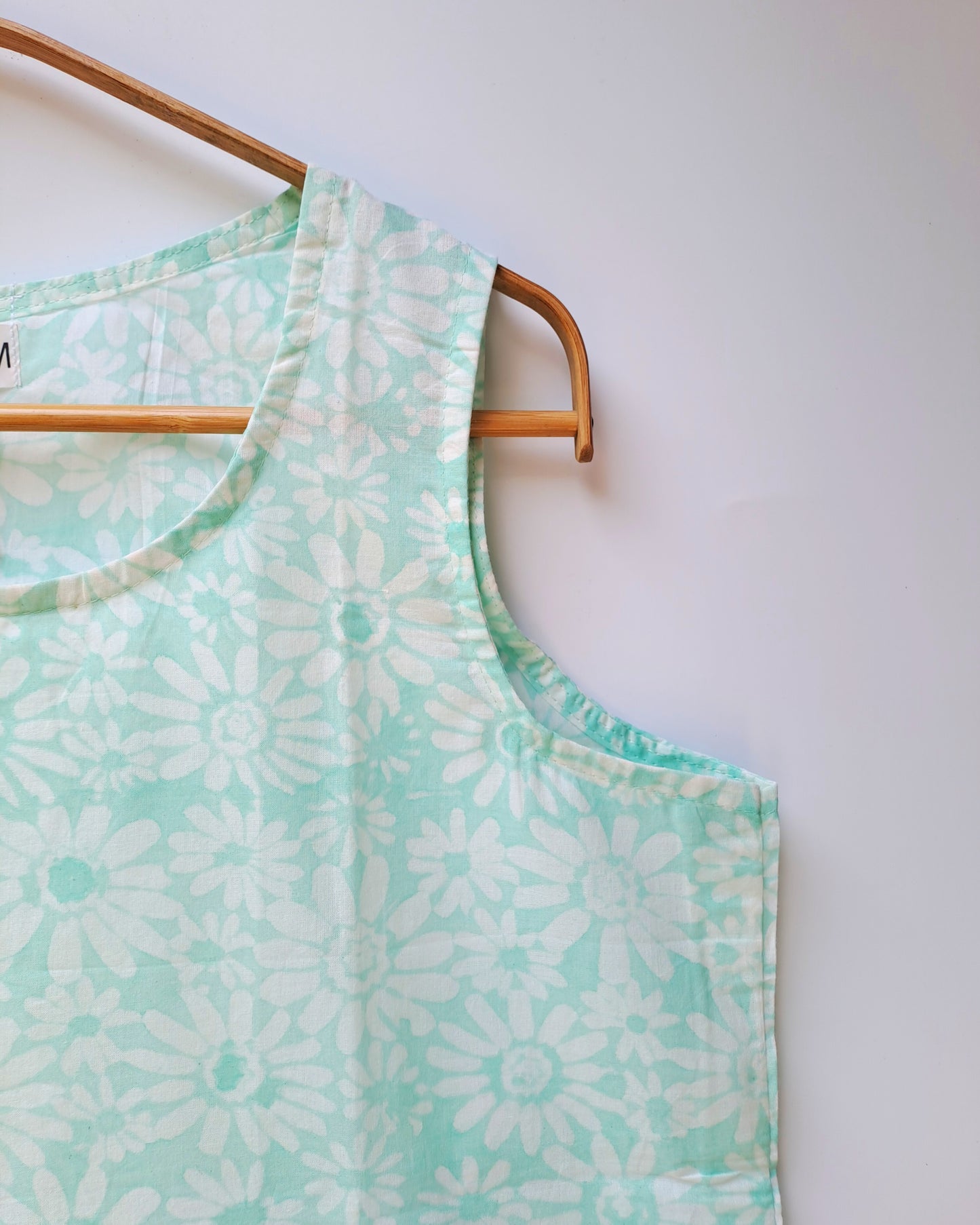 Mint Green Daisy Print Sleeveless Cotton Top