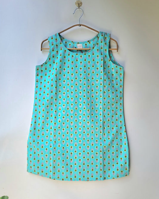 Cyan and Yellow Sleeveless Short Kurti