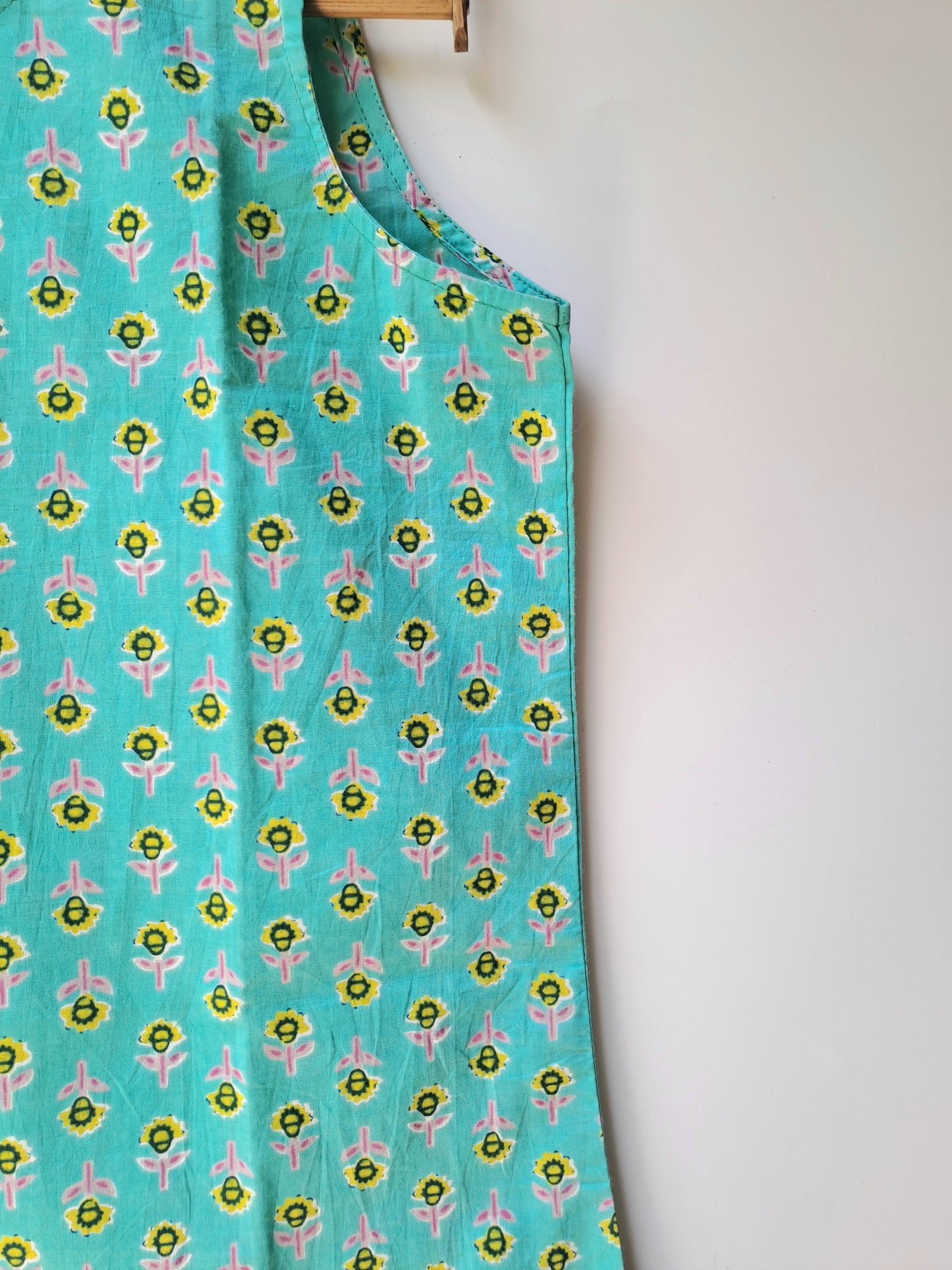 Cyan and Yellow Sleeveless Short Kurti