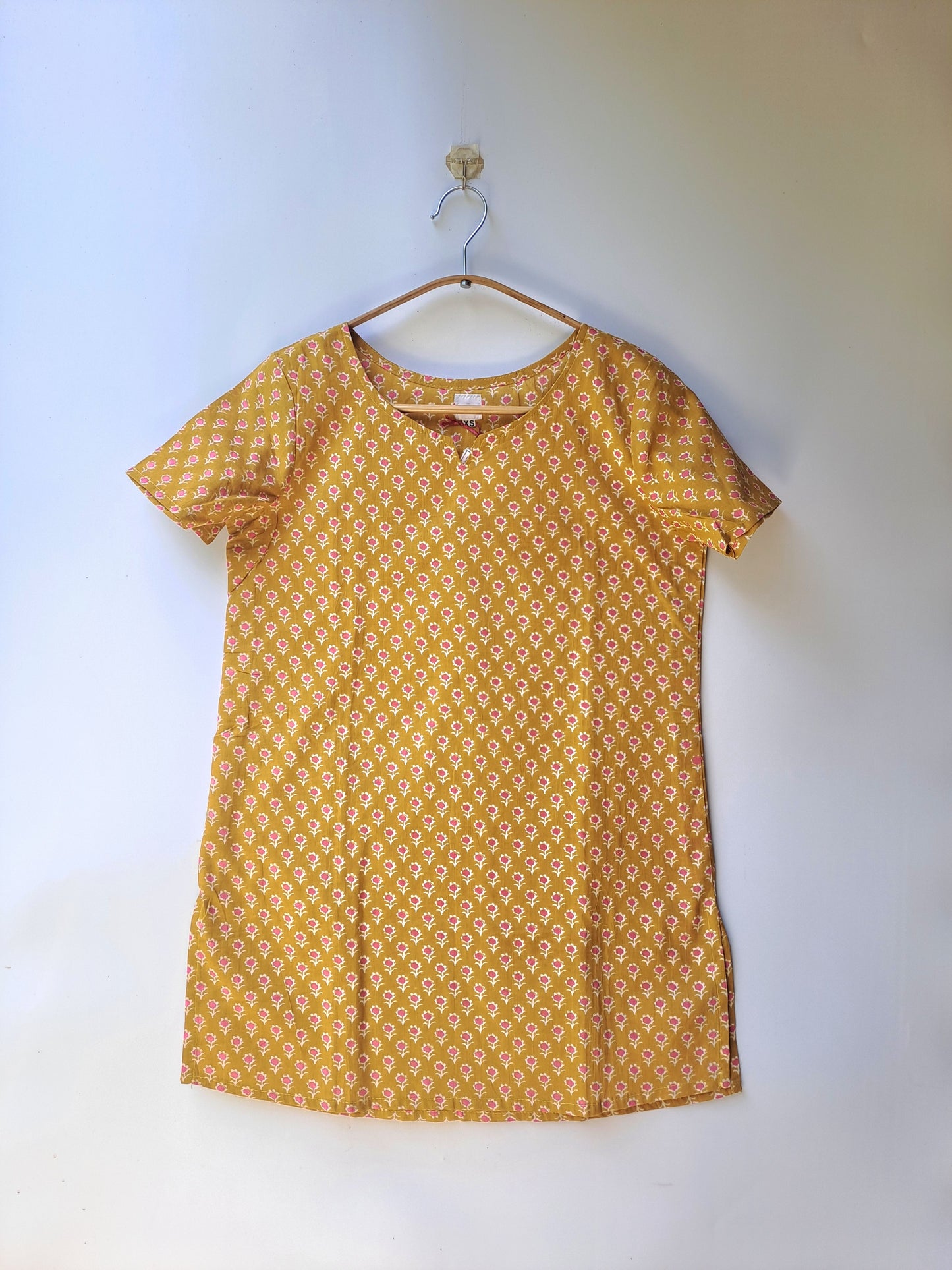 Mustard and Pink Butti Short Kurti