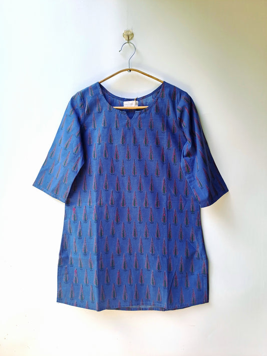 Indigo Leaf Print Cotton Kurti