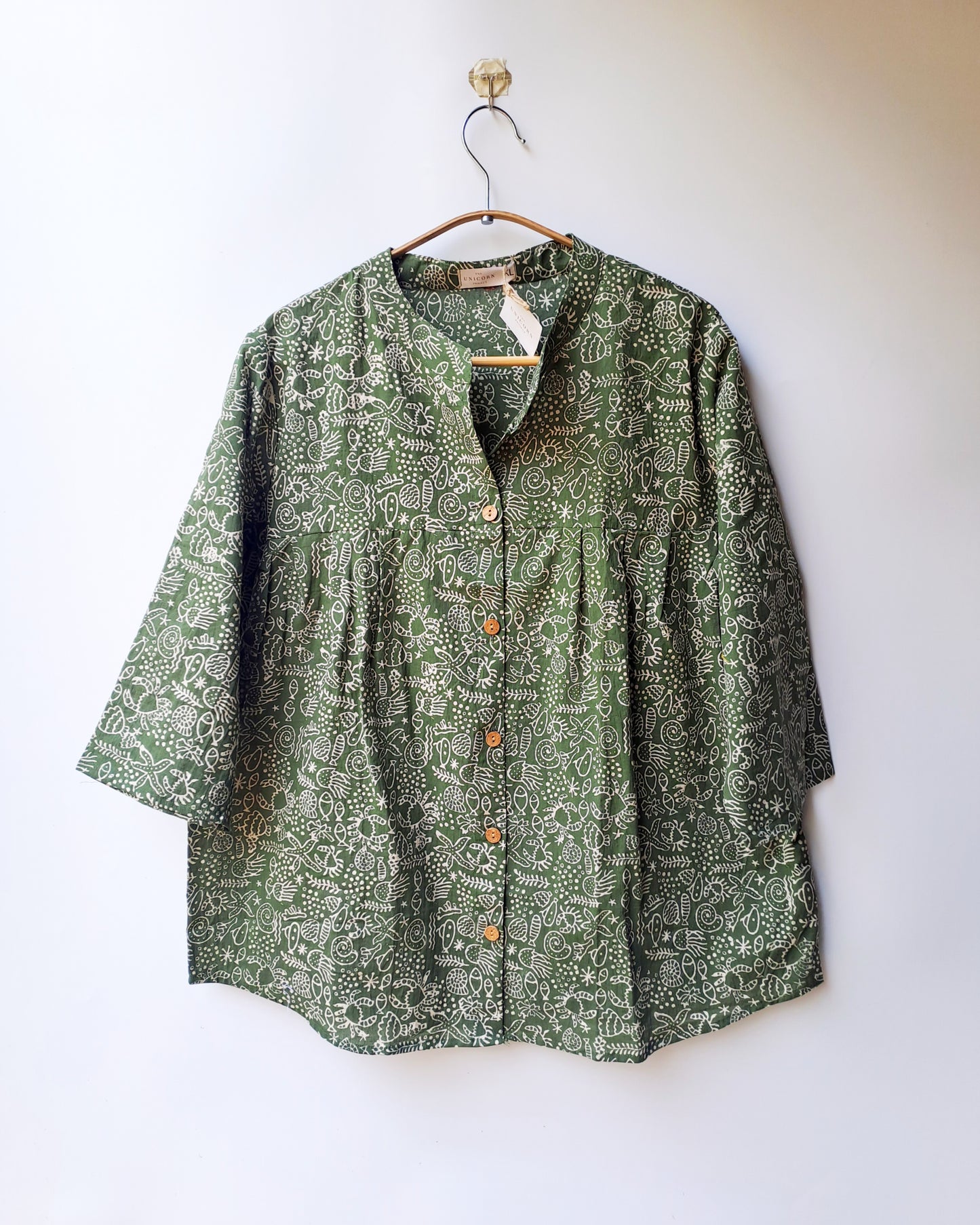 Green Doodle Button Up Top