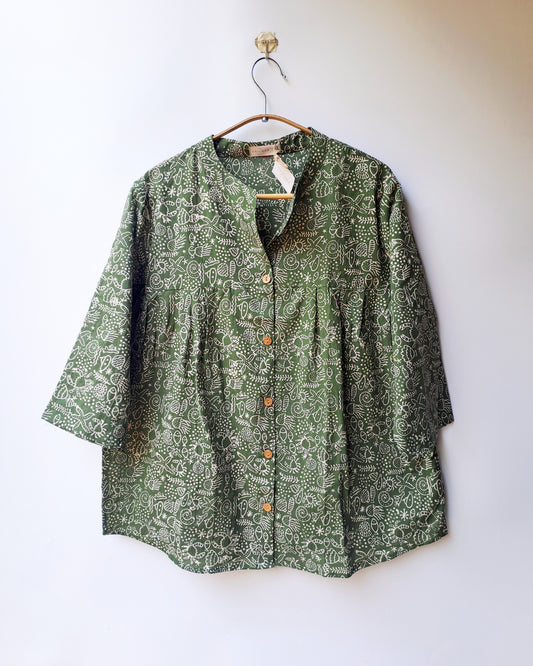 Green Doodle Button Up Top