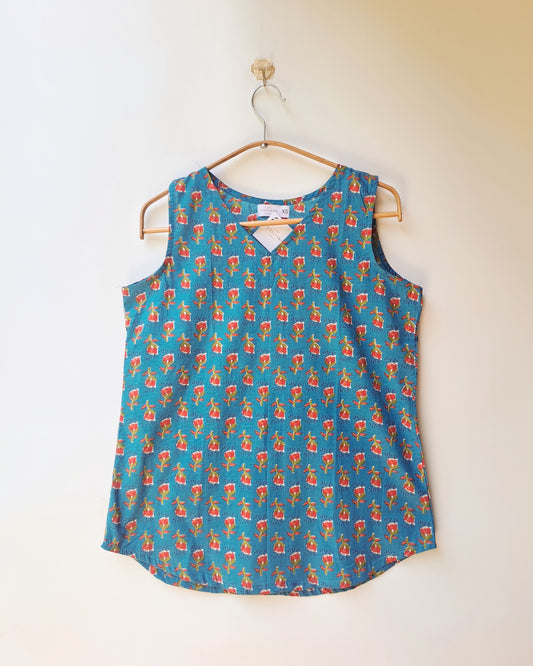 Blue Red Floral Sleeveless Top