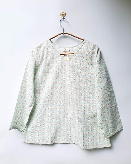 Mint Green Geometric Print V-Neck Cotton Top