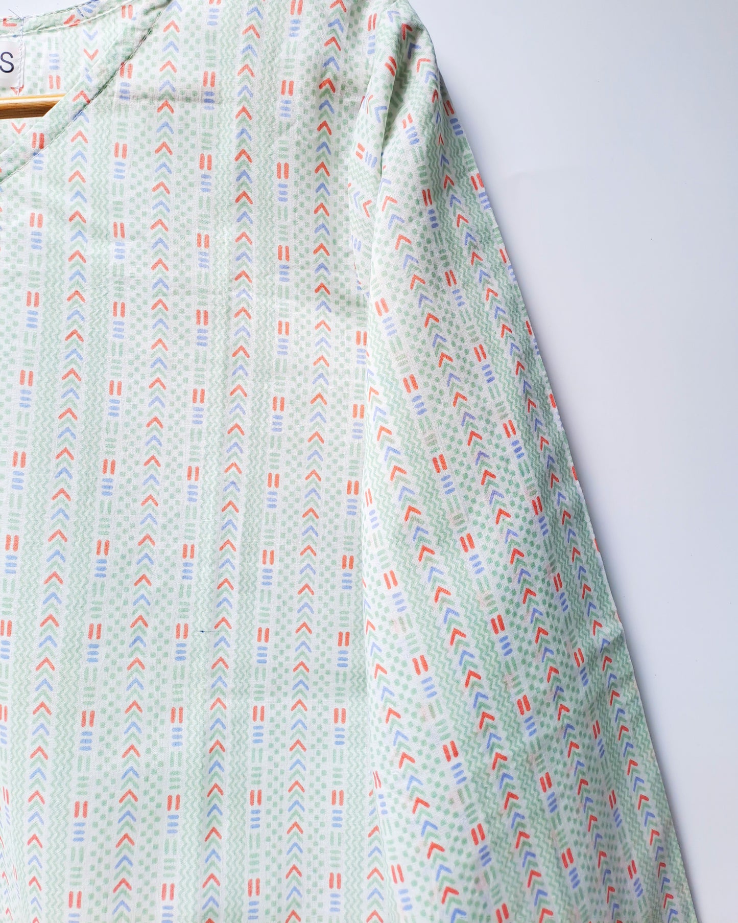 Mint Green Geometric Print V-Neck Cotton Top