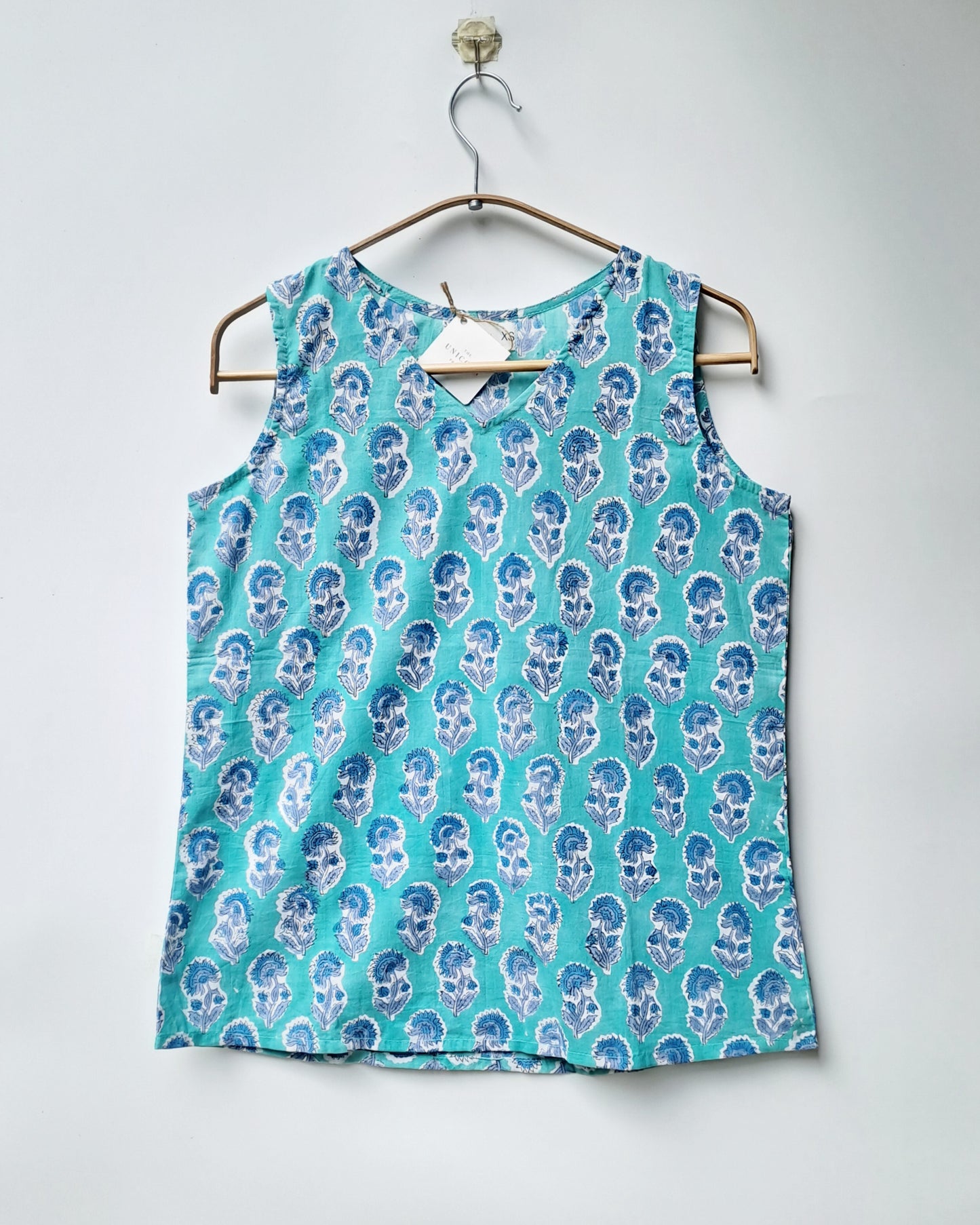 Turquoise Blue Block Print Sleeveless Cotton Top