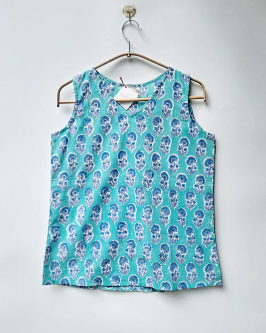 Turquoise Blue Block Print Sleeveless Cotton Top