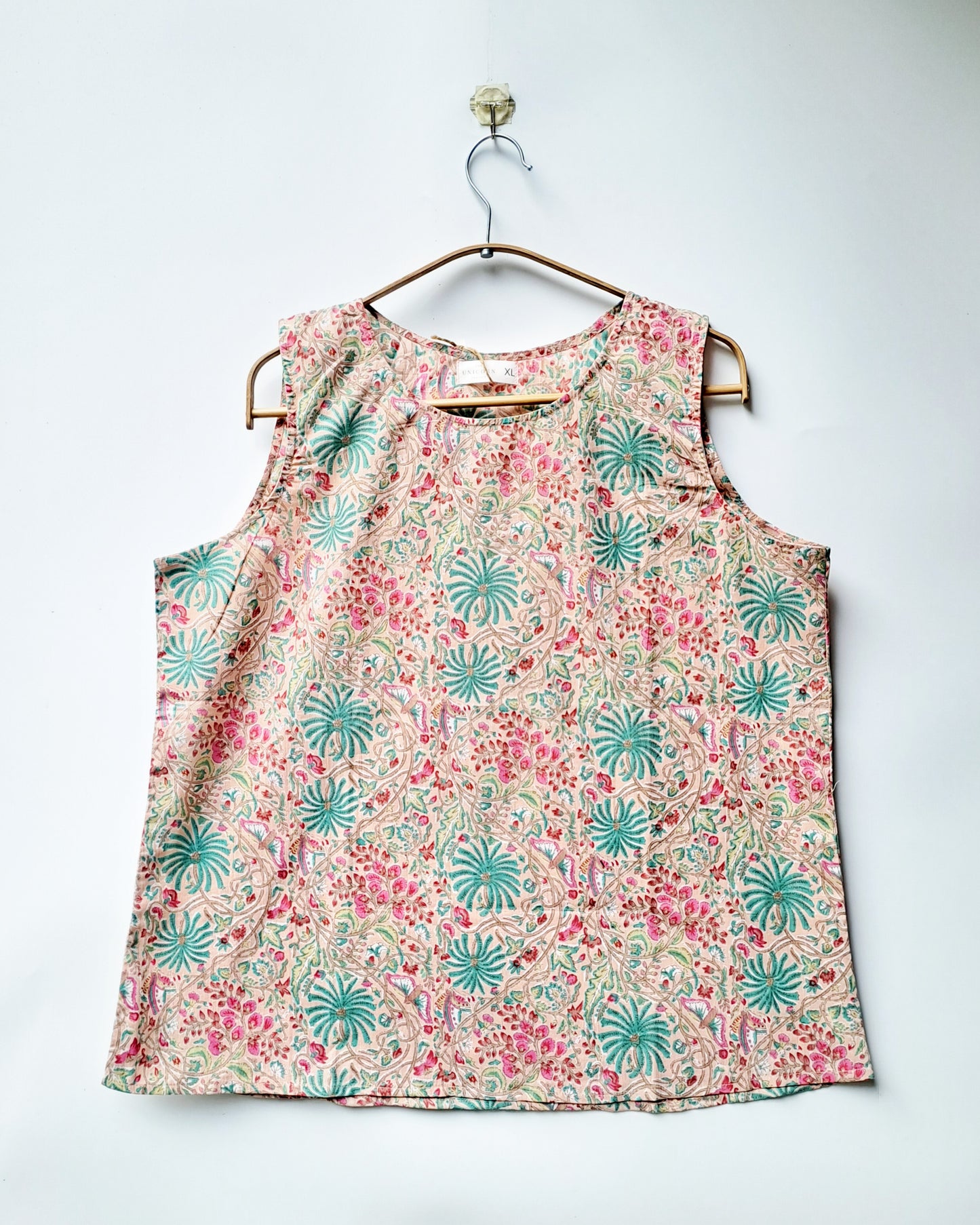 Peach Pink Green Floral Sleeveless Cotton Top