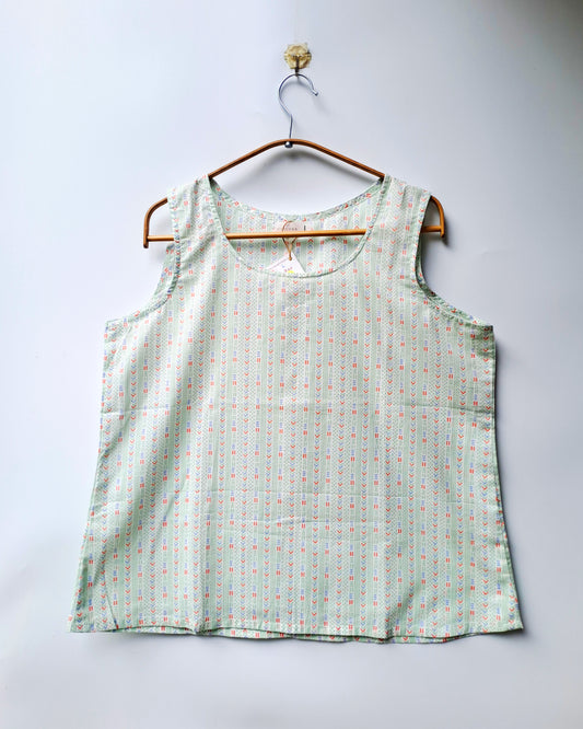 Mint Green Geometric Print Sleeveless Cotton Top