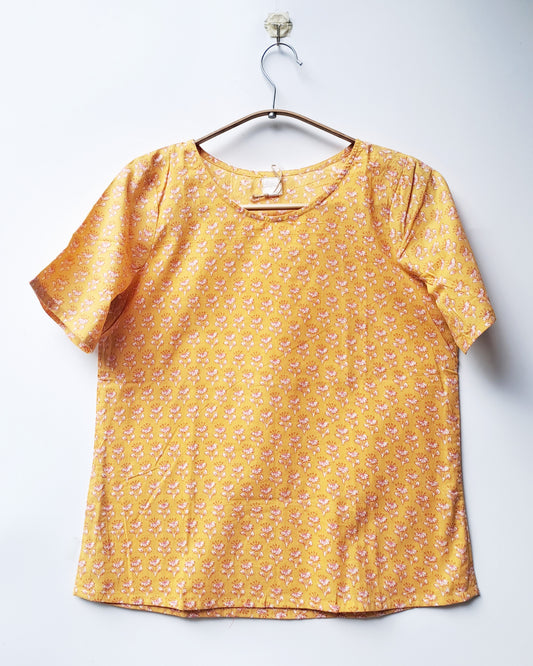 Yellow Floral Print Short Sleeve Cotton Top