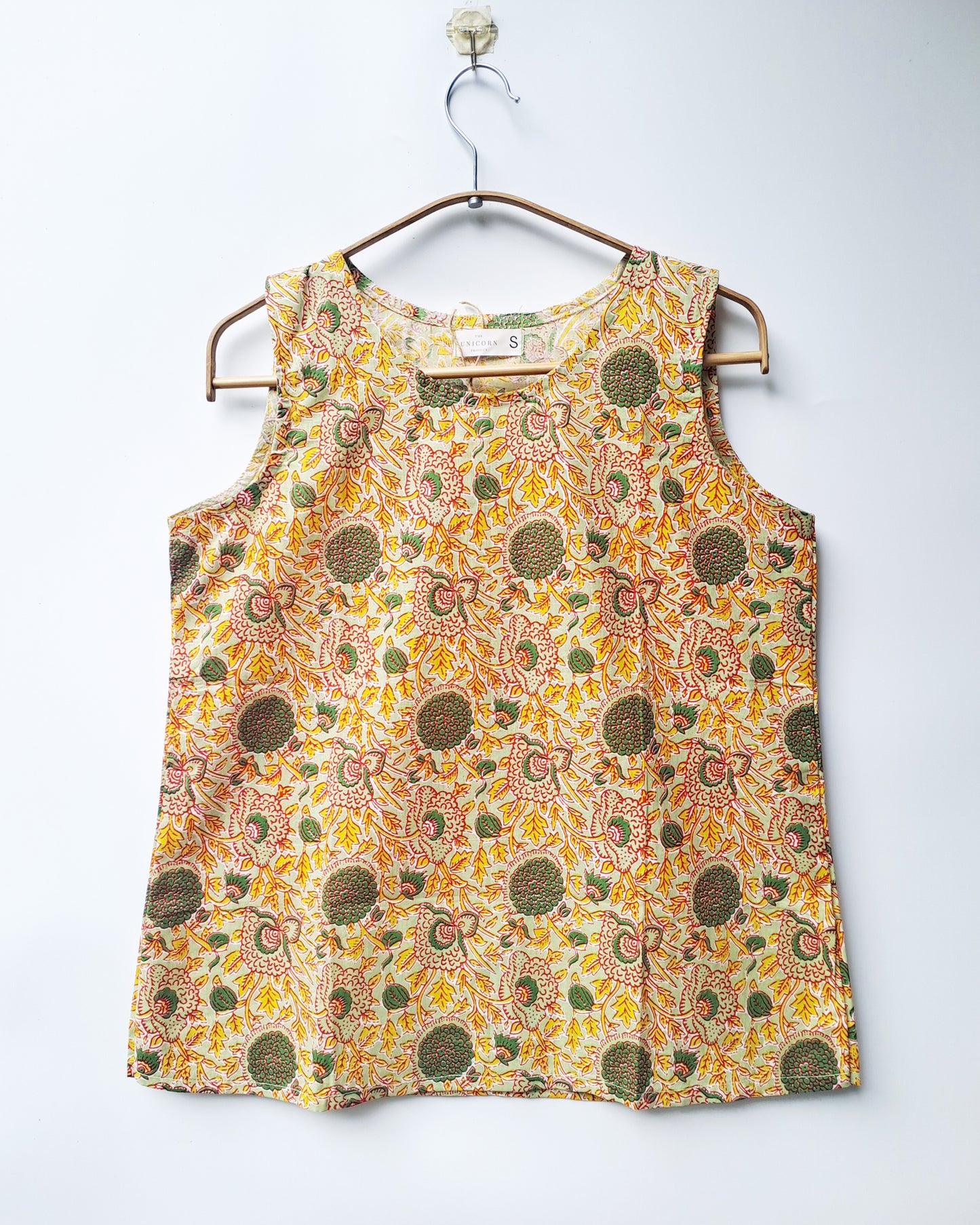 Green Block Print Sleeveless Cotton Top