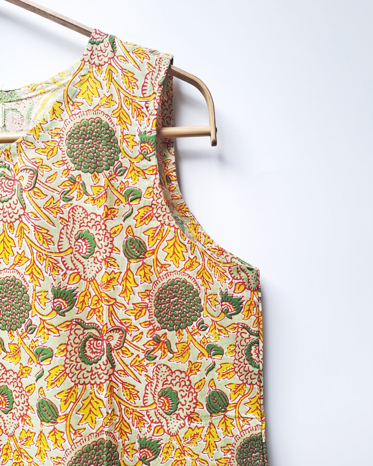 Green Block Print Sleeveless Cotton Top