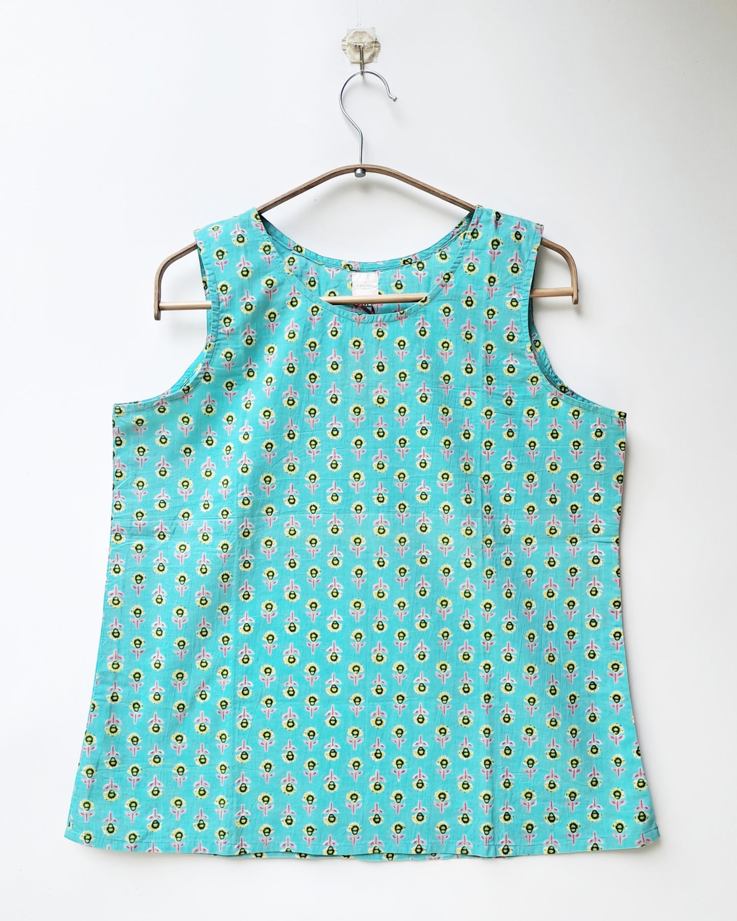 Turquoise Blue Ditsy Floral Sleeveless Cotton Top