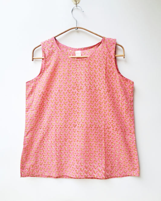 Pink Bird Print Sleeveless Cotton Top