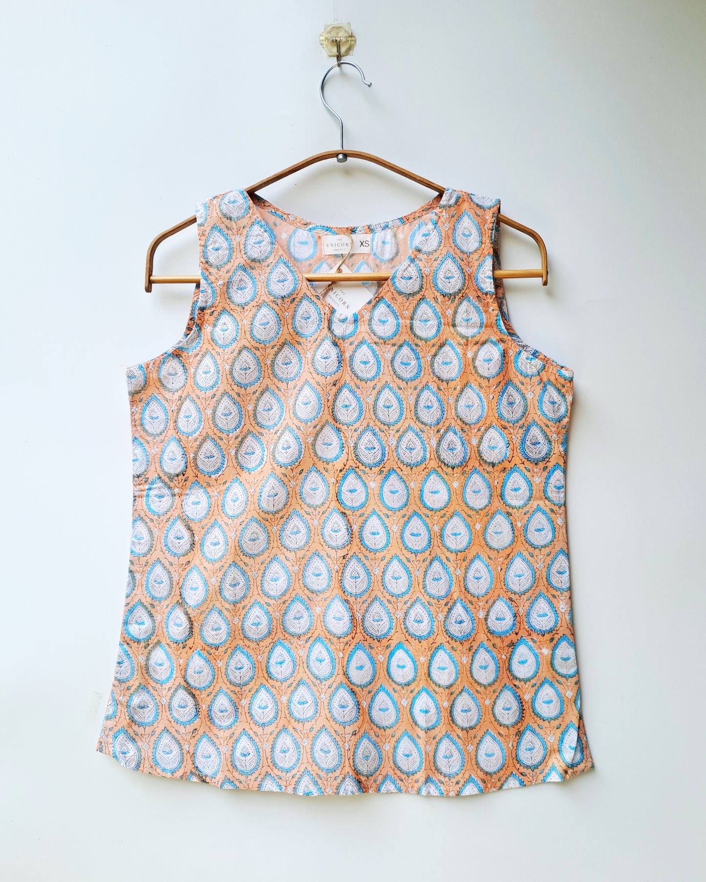 Peach Blue Print Sleeveless Cotton Top