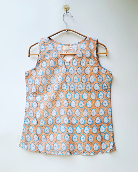 Peach Blue Print Sleeveless Cotton Top