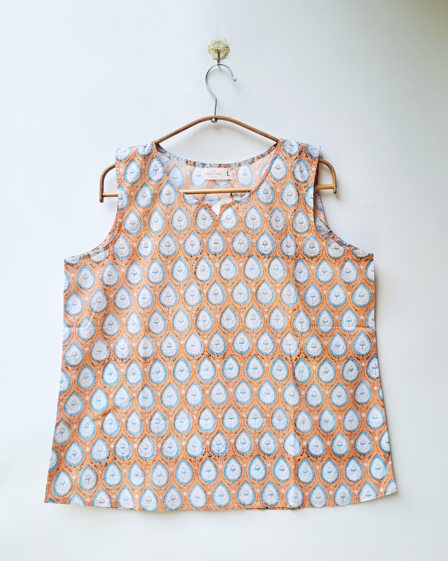 Peach Blue Print Sleeveless Cotton Top