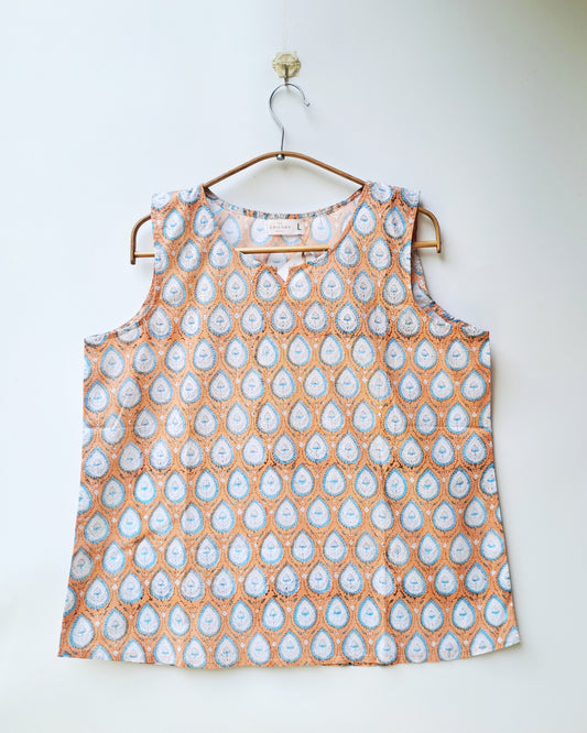 Peach Blue Print Sleeveless Cotton Top
