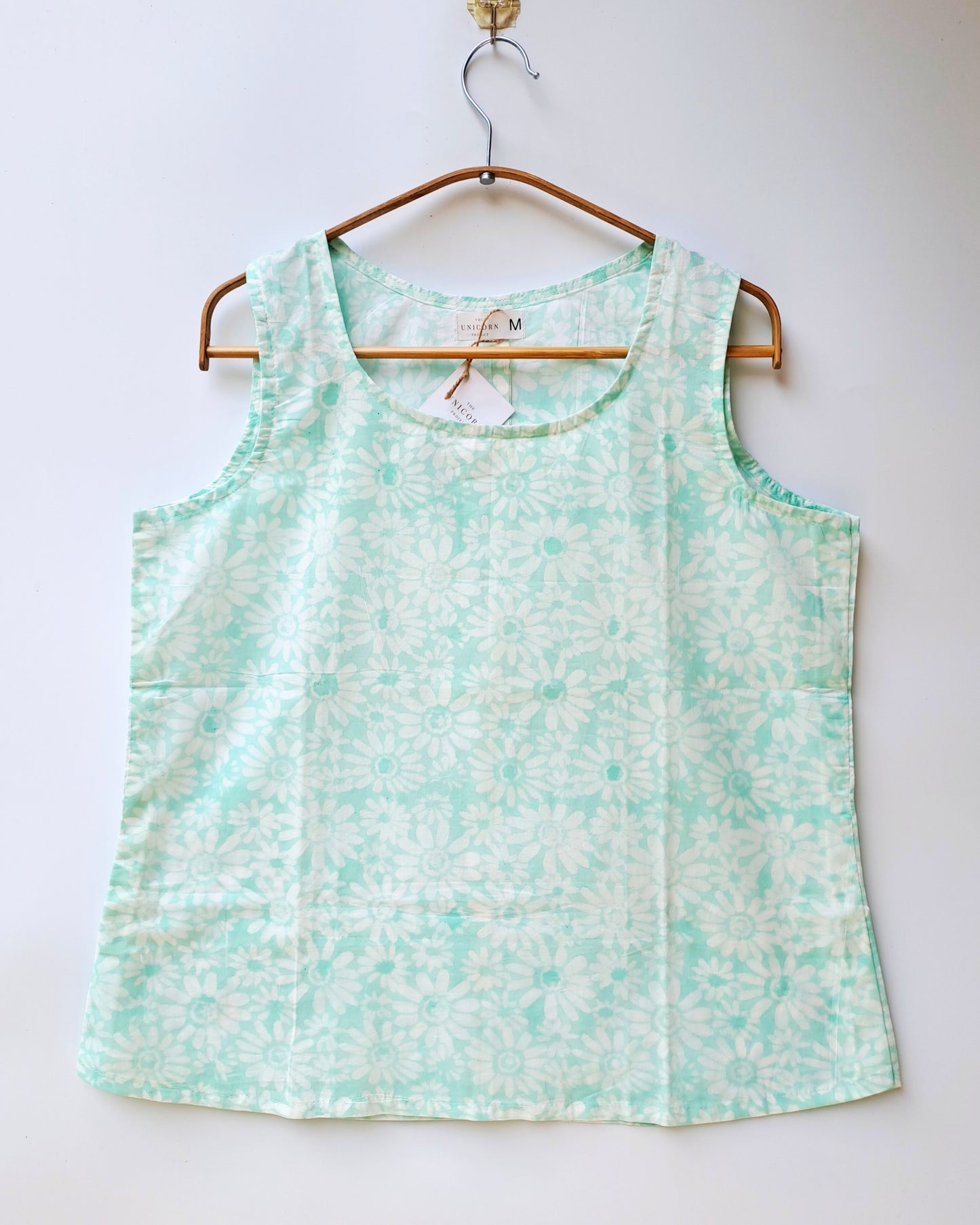 Mint Green Daisy Print Sleeveless Cotton Top
