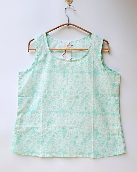 Mint Green Daisy Print Sleeveless Cotton Top