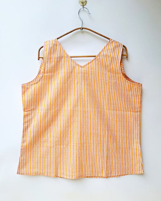 Peach Yellow Striped Sleeveless Cotton Top