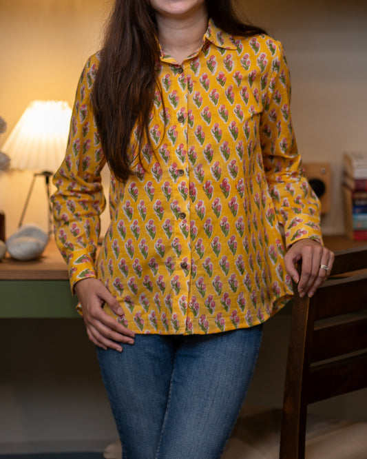 Yellow Floral Buti Print Cotton Shirt