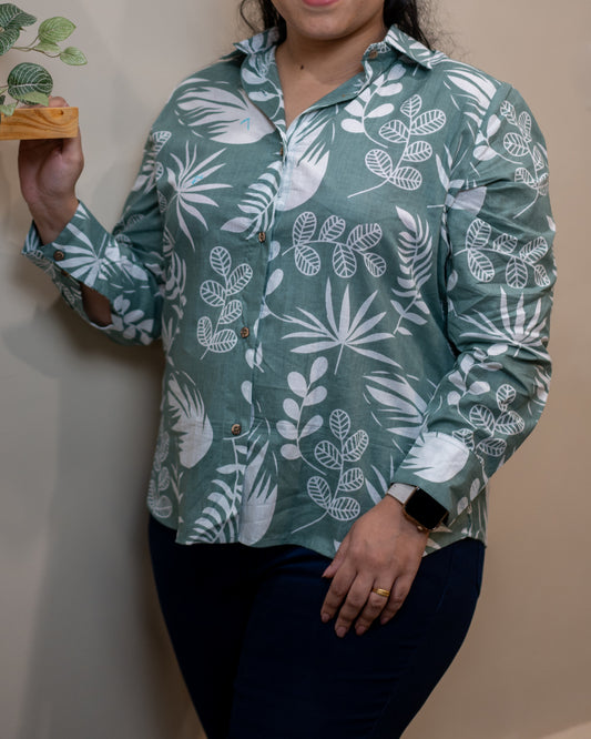 Sage Green Botanical Print Cotton Shirt