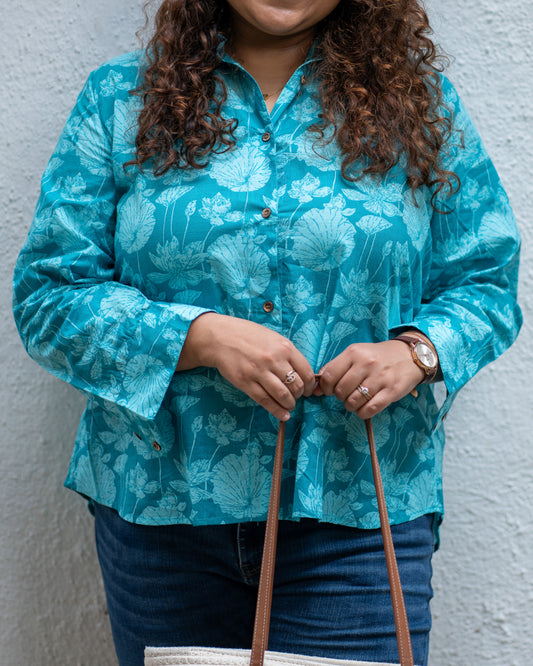 Teal Blue Lotus Print Cotton Shirt